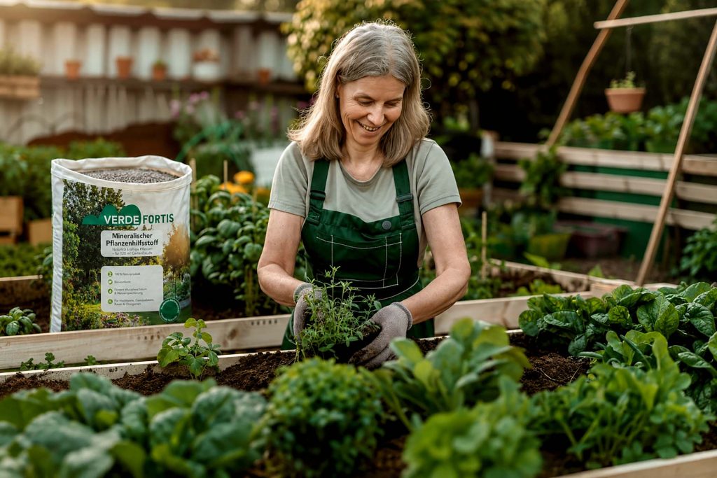 Gardener in green apron harvesting herbs in raised beds with a bag of Verde Fortis fertilizer nearby