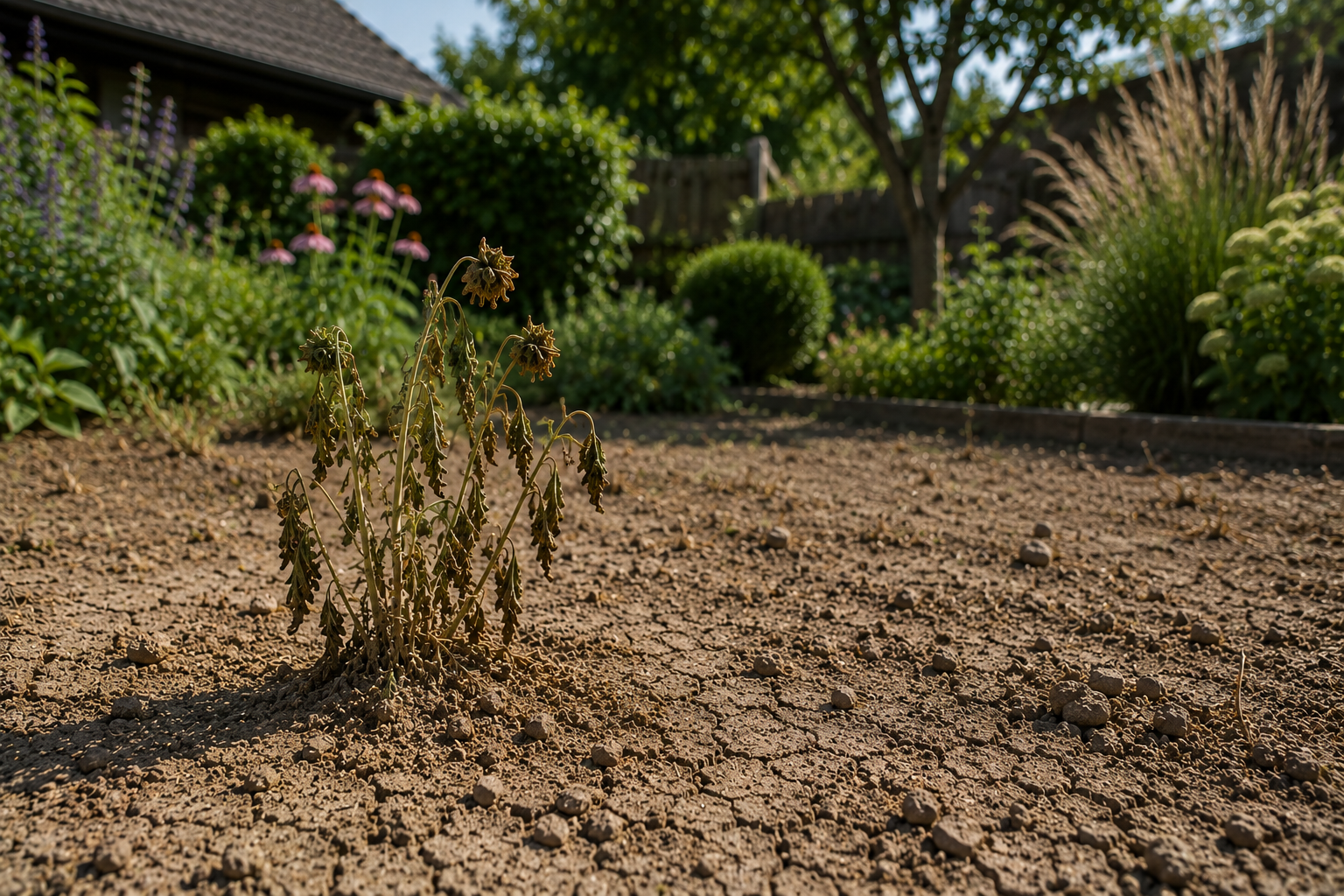 Dry, withered plant in a parched garden bed with green shrubs and a fence in the background.