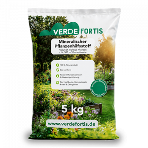 Bag of Verde Fortis mineral plant fertilizer, 5 kg, with garden scene and Verde Fortis logo (www.verdefortis.de)