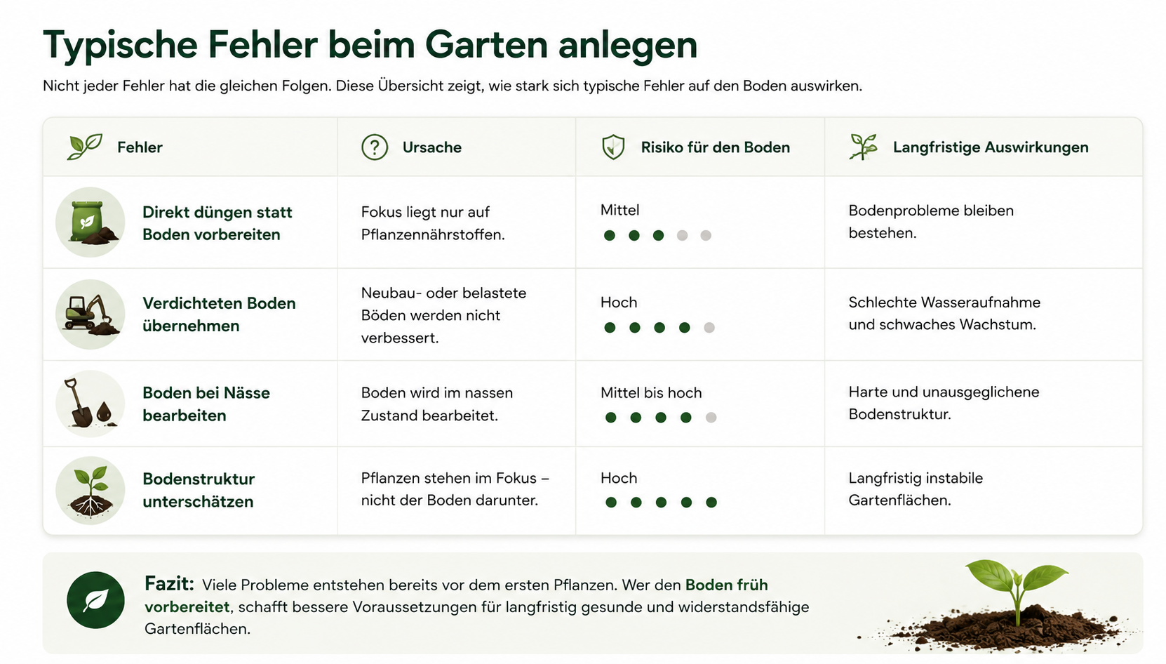 Infografik: Tabelle zu typischen Gartenfehlern und deren Folgen (Fehler, Ursache, Risiko, Auswirkungen).
