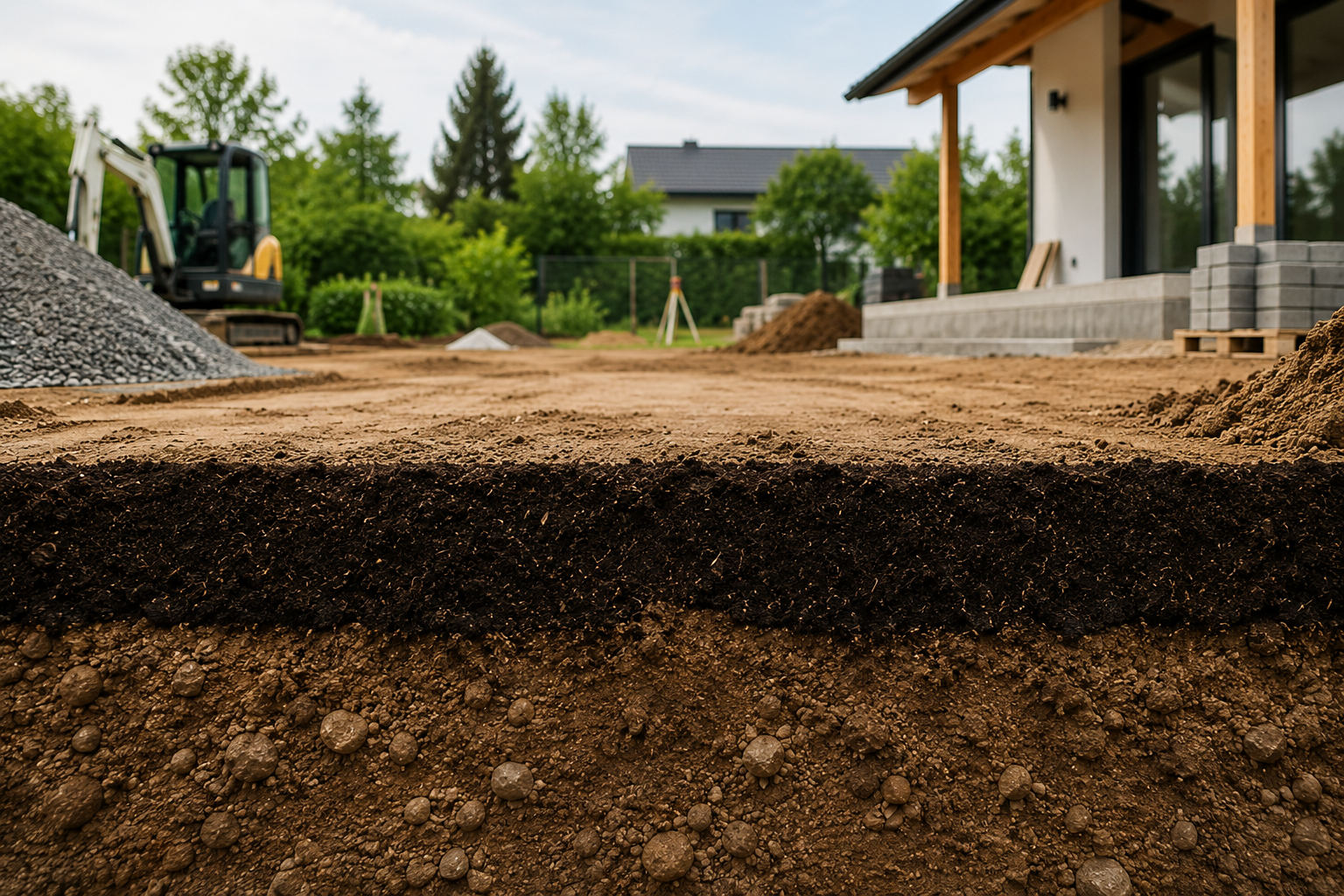 Deep trench at a new-home construction site showing layered soil, dirt piles, and a small excavator with a house under construction in the background