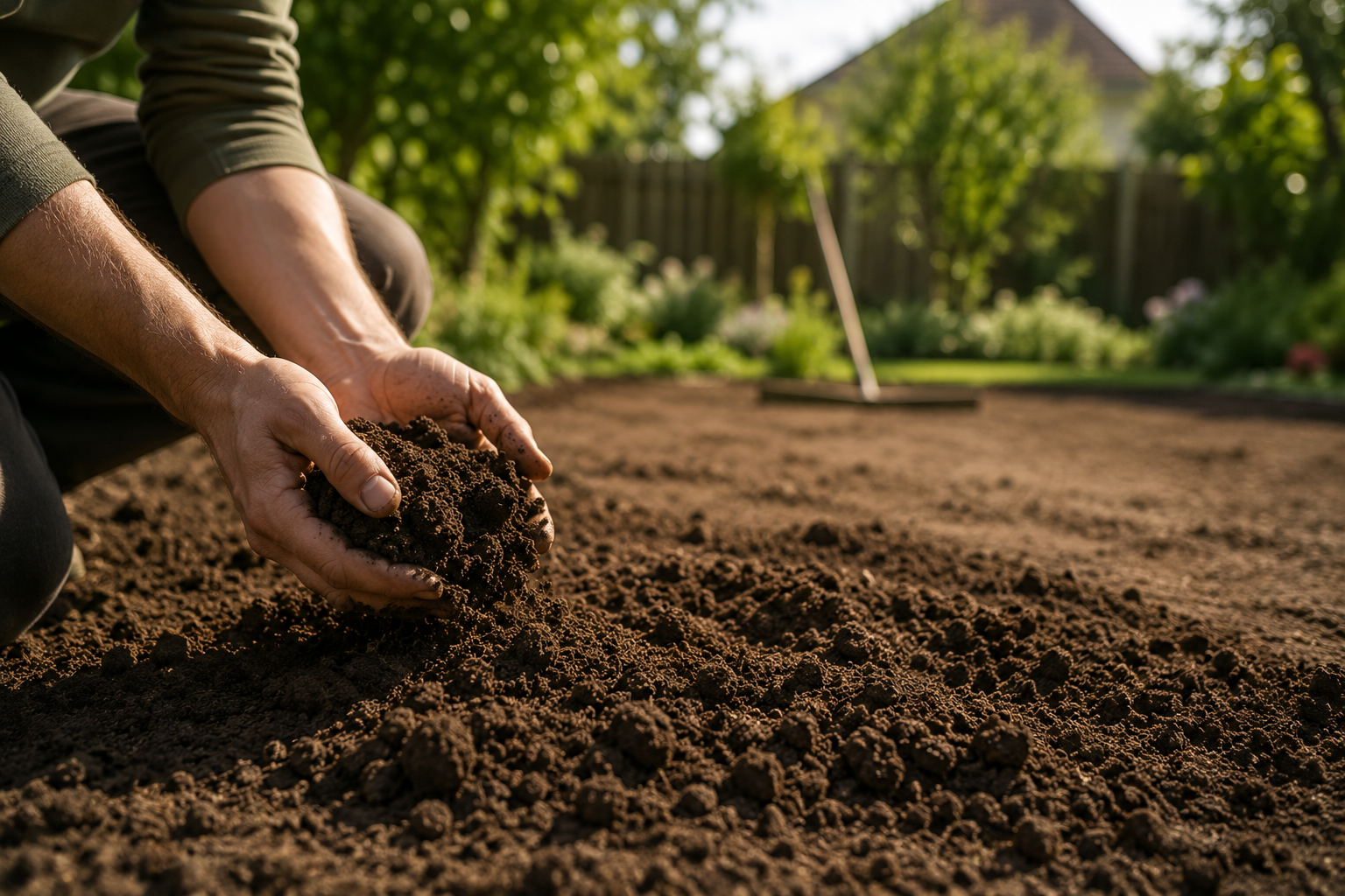 Hands cupping rich brown soil in a freshly tilled garden bed, with a rake and greenery in the background.