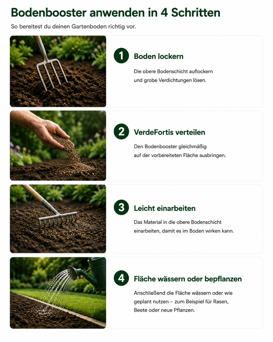 Gartenboden wird mit einer Metallharke bearbeitet, um die obere Schicht aufzulockern und Verdichtungen zu lösen.