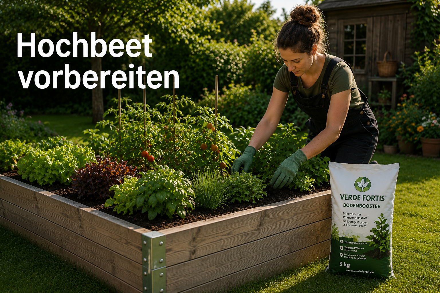 Gardener wearing gloves tends herbs in a wooden raised garden bed; a 5 kg bag of Verde Fortis Bodenbooster sits nearby.