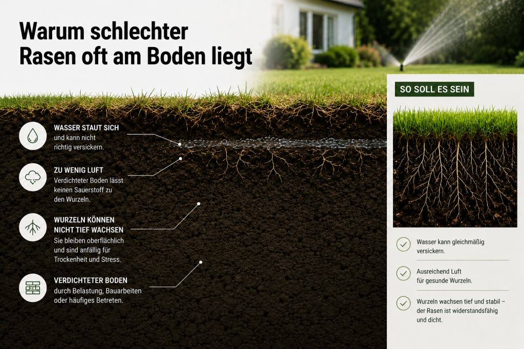 Infografik über Gründe, warum Rasen am Boden leidet: Wasser staut sich, zu wenig Luft, Wurzeln wachsen nicht tief und verdichteter Boden; rechts eine Seitenleiste mit Gräsern und Checklisten.