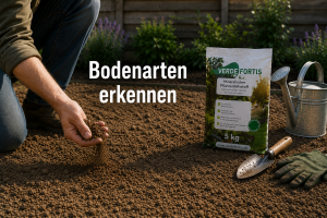 Gardener kneeling and examining soil with a 5 kg Verde Fortis plant fertilizer bag, trowel and gloves nearby.