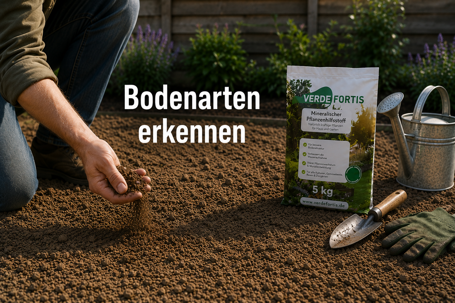 Gardener kneeling and examining soil with a 5 kg Verde Fortis plant fertilizer bag, trowel and gloves nearby.