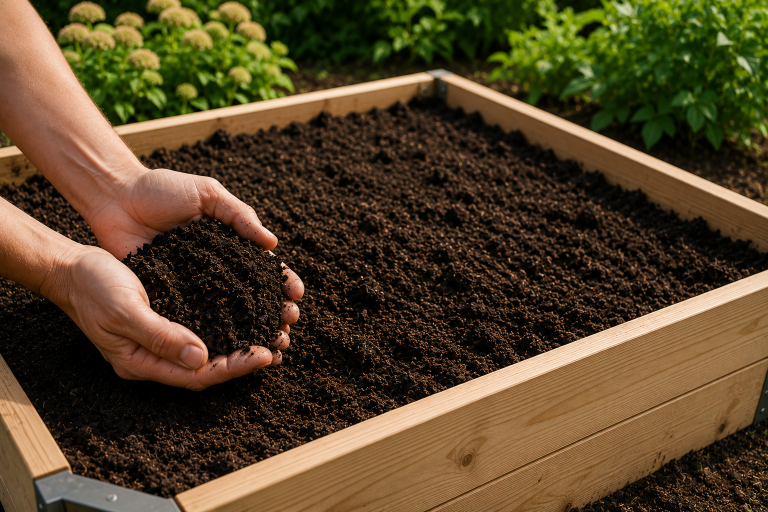 Hands scoop dark soil into a wooden raised garden bed, ready for planting.