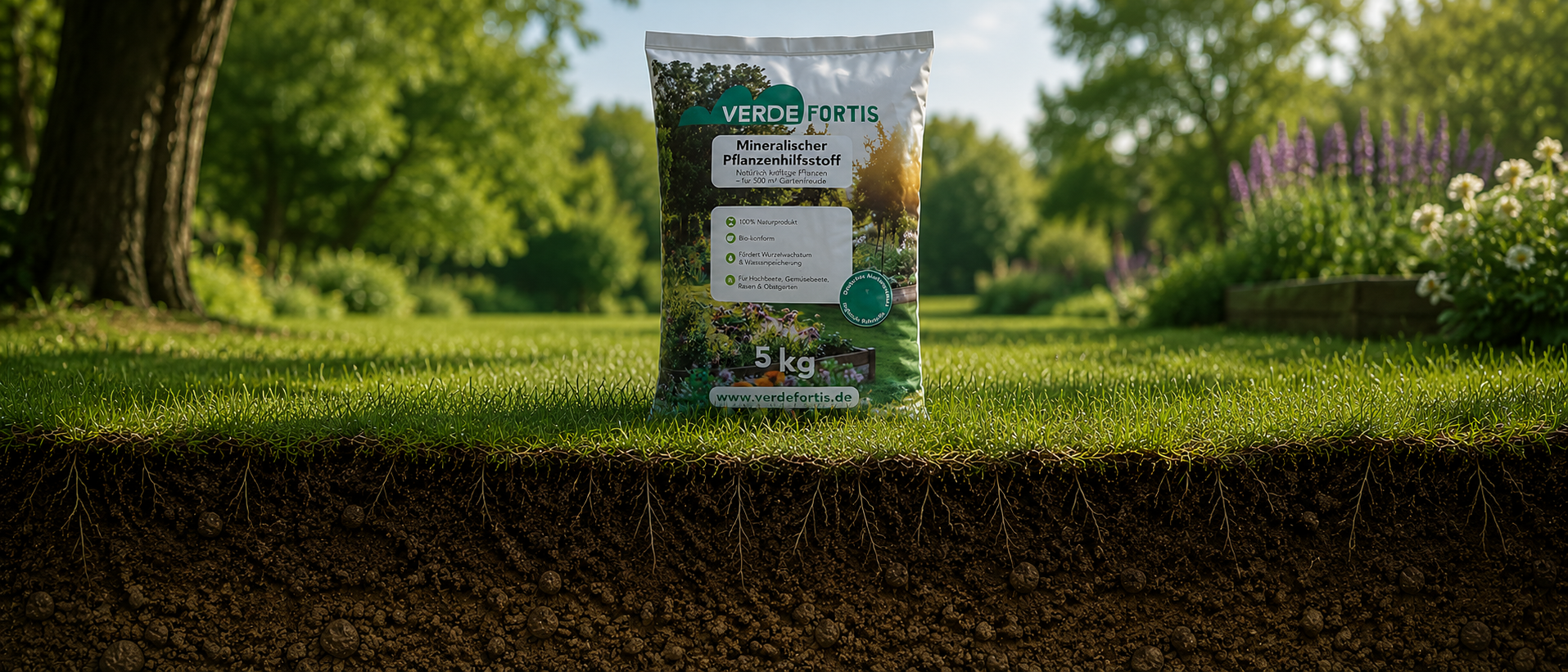 Bag of Verde Fortis mineral plant fertilizer standing on a lush lawn with trees in the background.