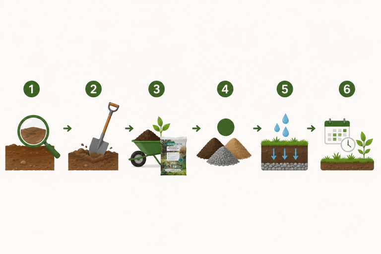 Six-step planting process from soil inspection to growth: digging, wheelbarrow with soil and bag, soil piles, irrigation, and a growing plant with a calendar edge.