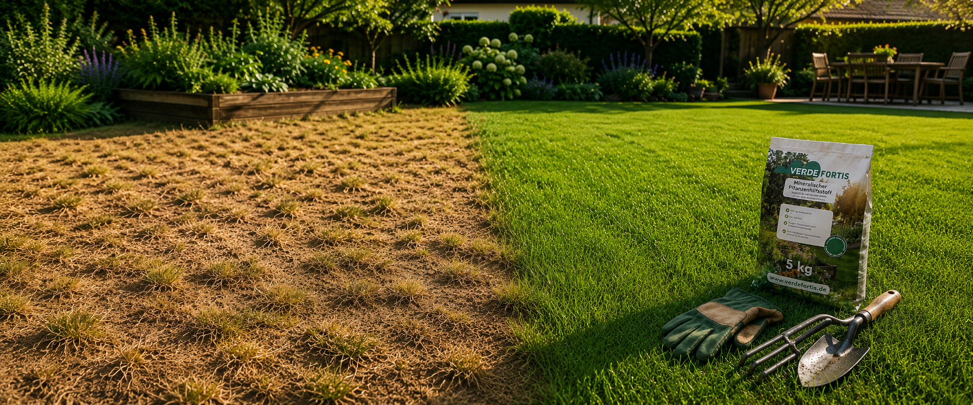Garden lawn showing a dry, patchy area on the left and a healthy green lawn on the right, with a bag of fertilizer and garden tools in the foreground.