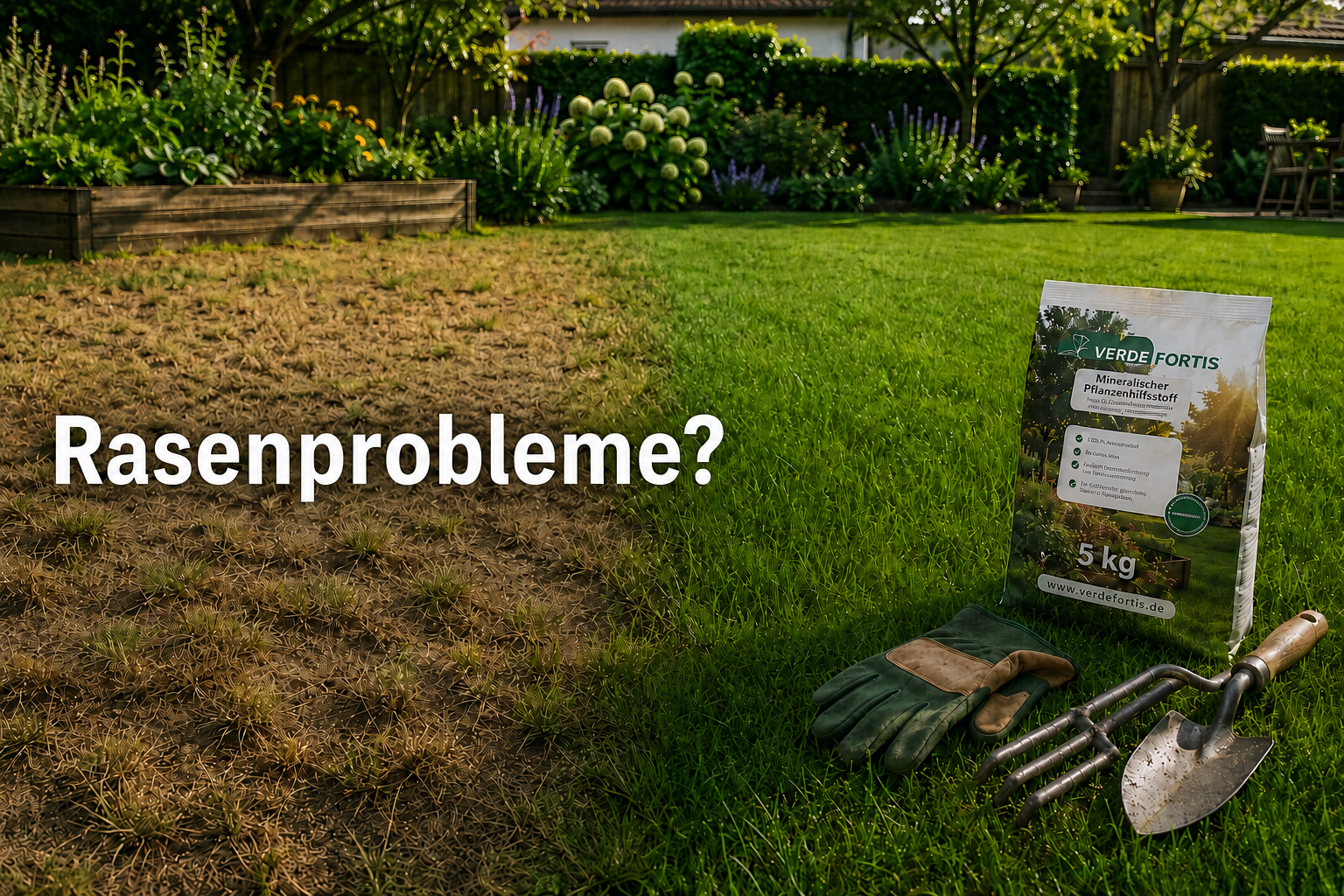 Backyard lawn showing a dry brown patch on the left and a healthy green lawn on the right; a 5 kg Verde Fortis lawn care bag, gloves, and gardening tools sit on the grass, with the German text 'Rasenprobleme?' overlaid.