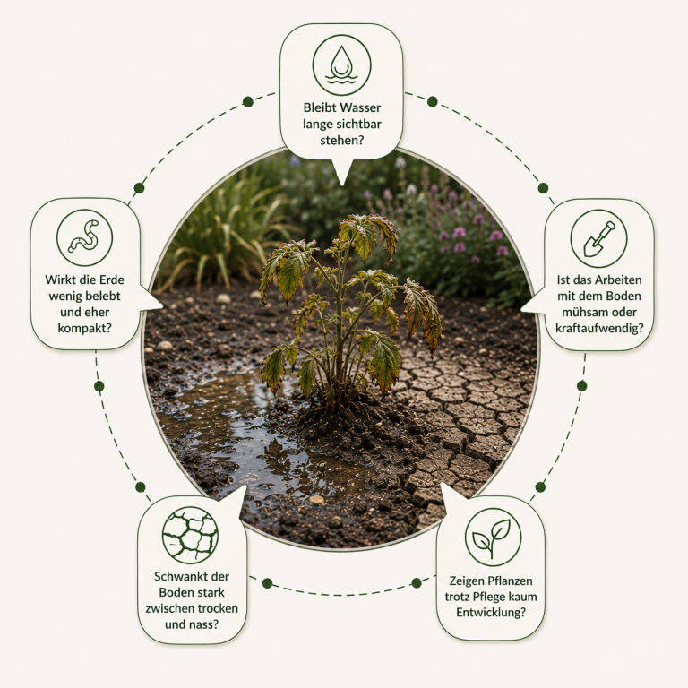 Infographic with a young plant in cracked, drying soil surrounded by six callouts about water, soil health, and plant care.